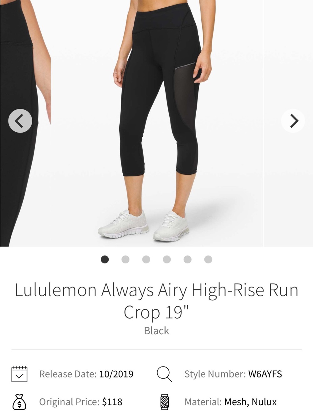 Lululemon Always Airy High-Rise Run Crop 19” Black Size 6